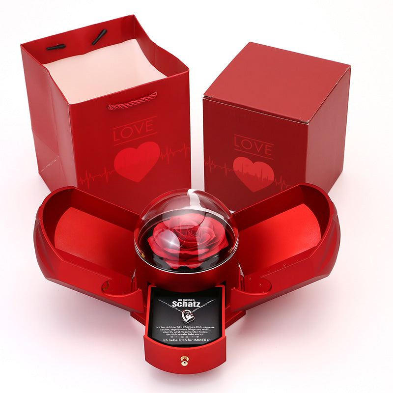 EternalBloom | Romantische Rosenbox mit 14k Weißgold-Herzanhänger und Liebesbrief