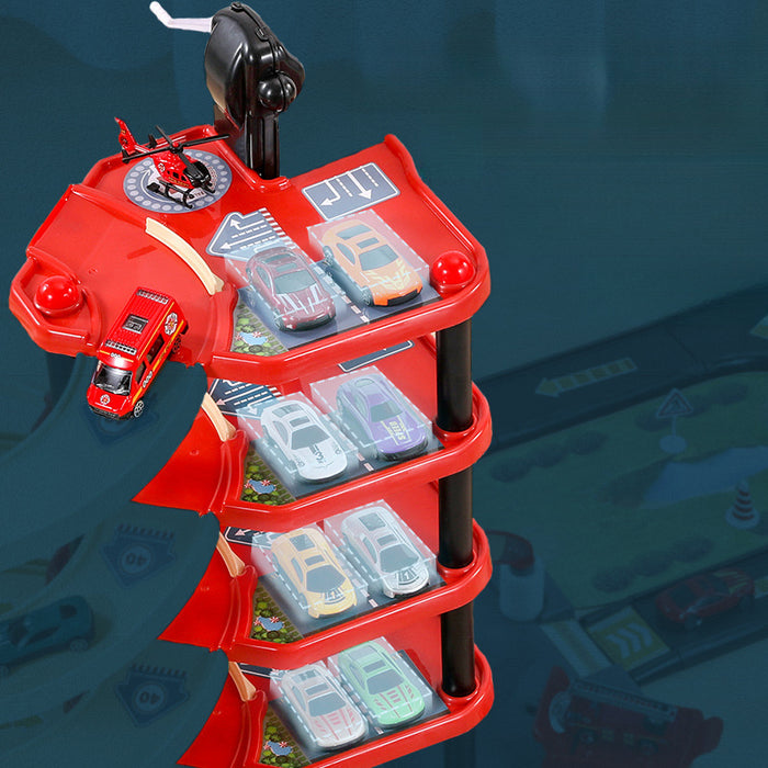 FirePark Garage Spielset - Mehrere Etagen mit Feuerwehrwagen und Verkehrsschildern für abenteuerlustige Kinder