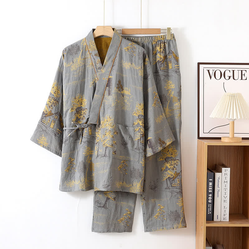 Neutrales Baumwoll-Kimono-Pyjamaset
