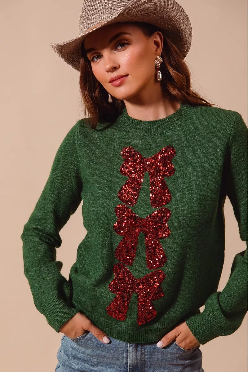 Grüner Weihnachts-Pullover mit Pailletten und Schleife