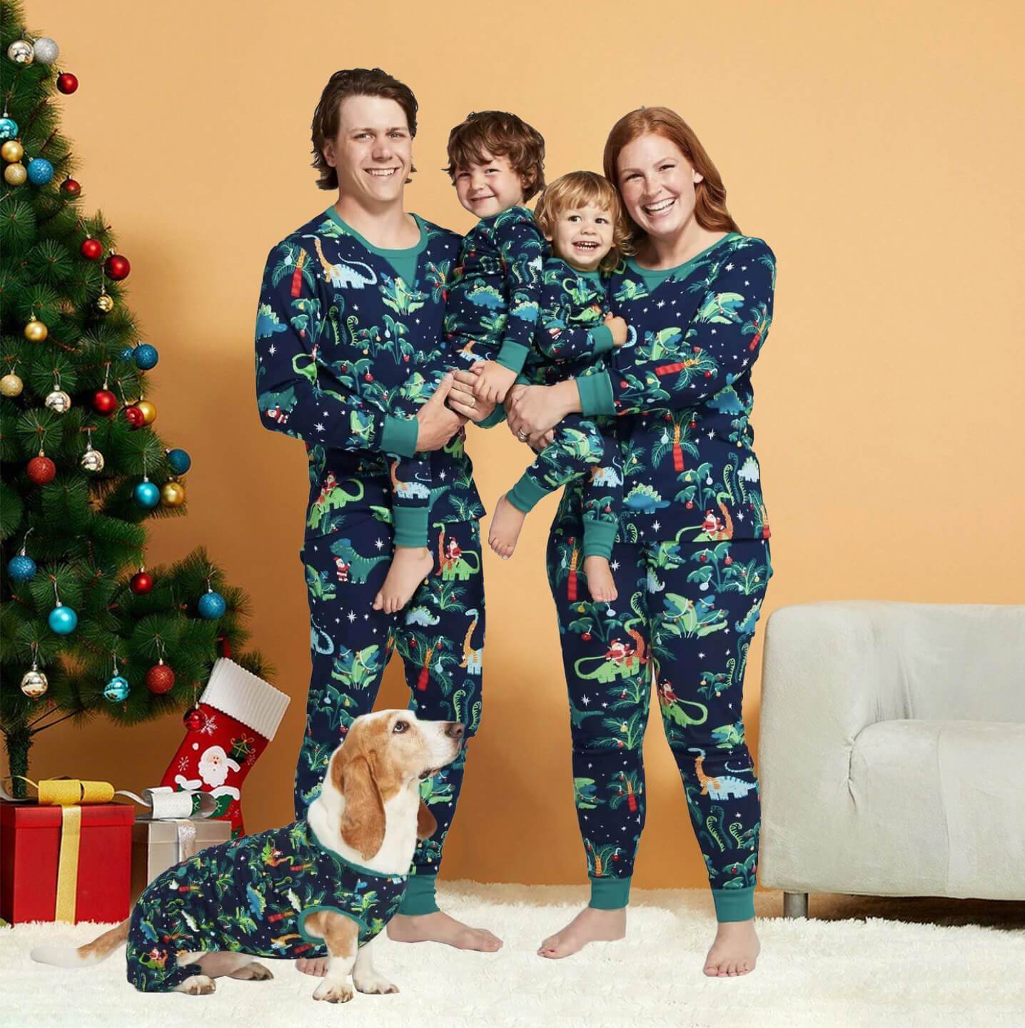 Weihnachtliches Dinosaurier-Muster Passende Familien-Weihnachtspyjamas - Hundepyjamas inklusive