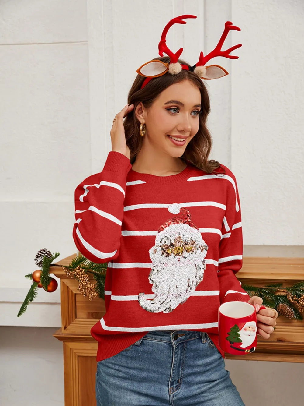 Pailletten-Weihnachts-Pullover mit gestreiftem Santa – Grün, Rot & Schwarz