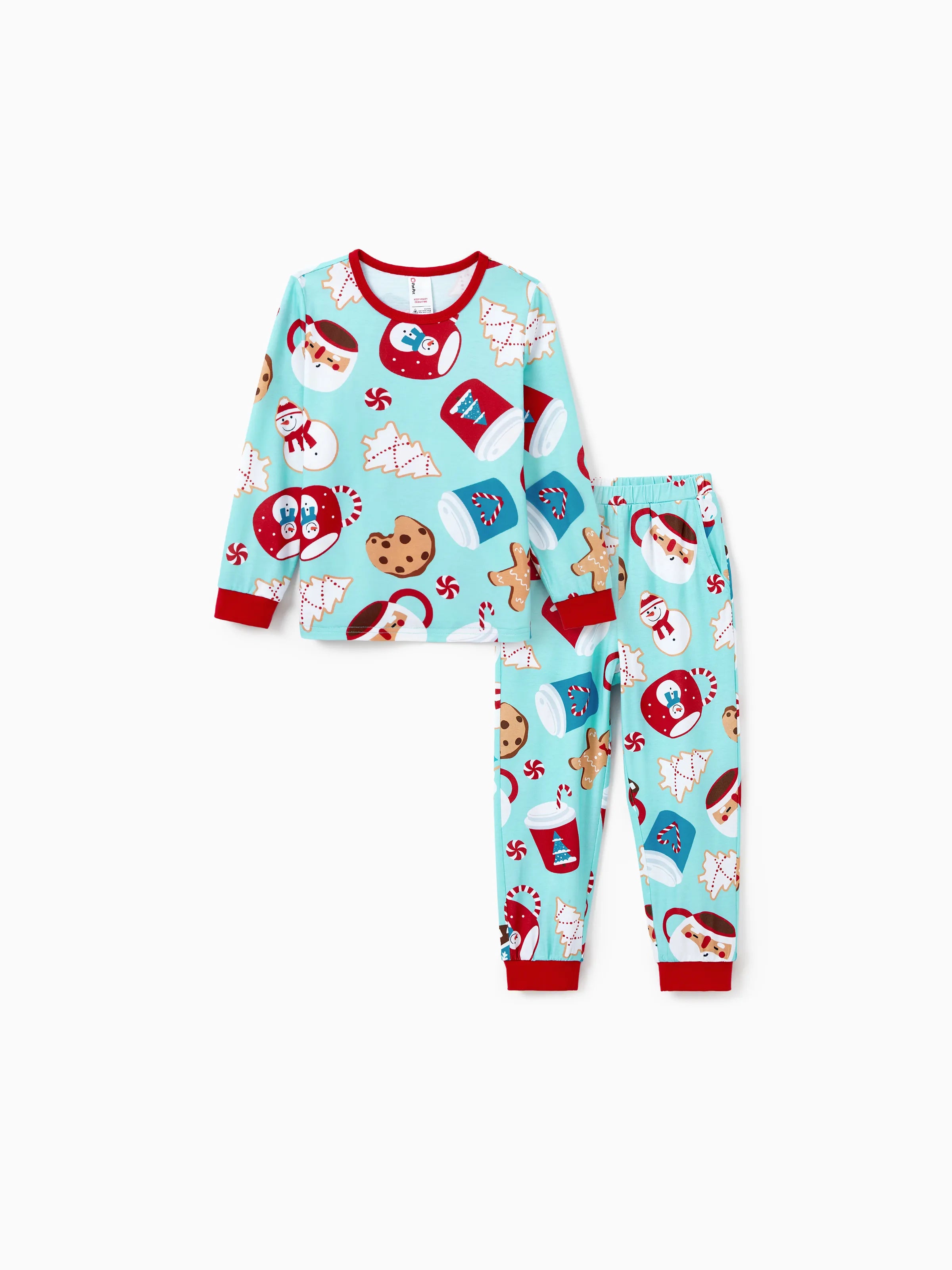 BlueGinger | Weihnachts Familien Pyjama Set Lebkuchenmuster Blau Rot mit Hellblauen Socken