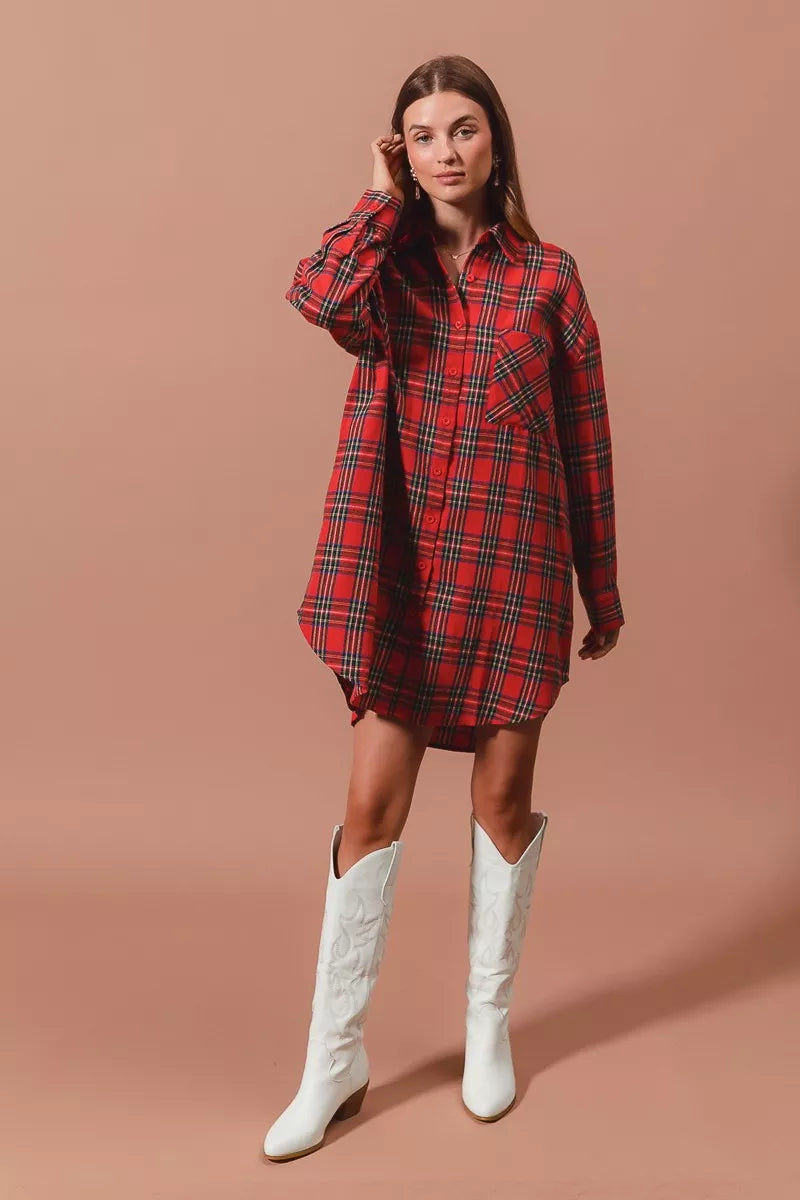 Rotes Weihnachts-Karomuster Button-Up Übergroßes Hemdblusenkleid