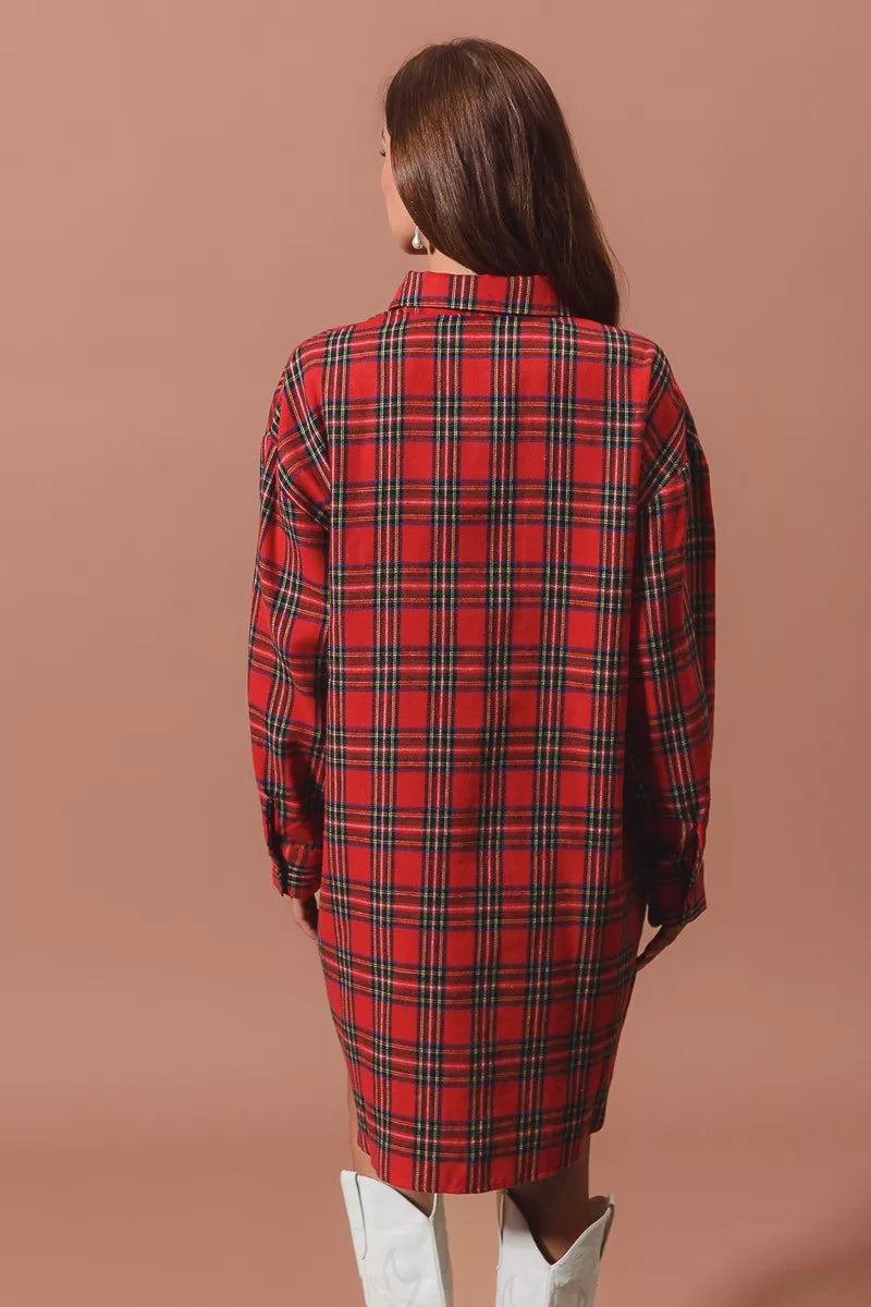 Rotes Weihnachts-Karomuster Button-Up Übergroßes Hemdblusenkleid