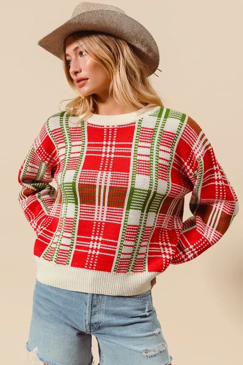 Rot & Grüner Weihnachts-Karierter Pullover mit Rundhalsausschnitt