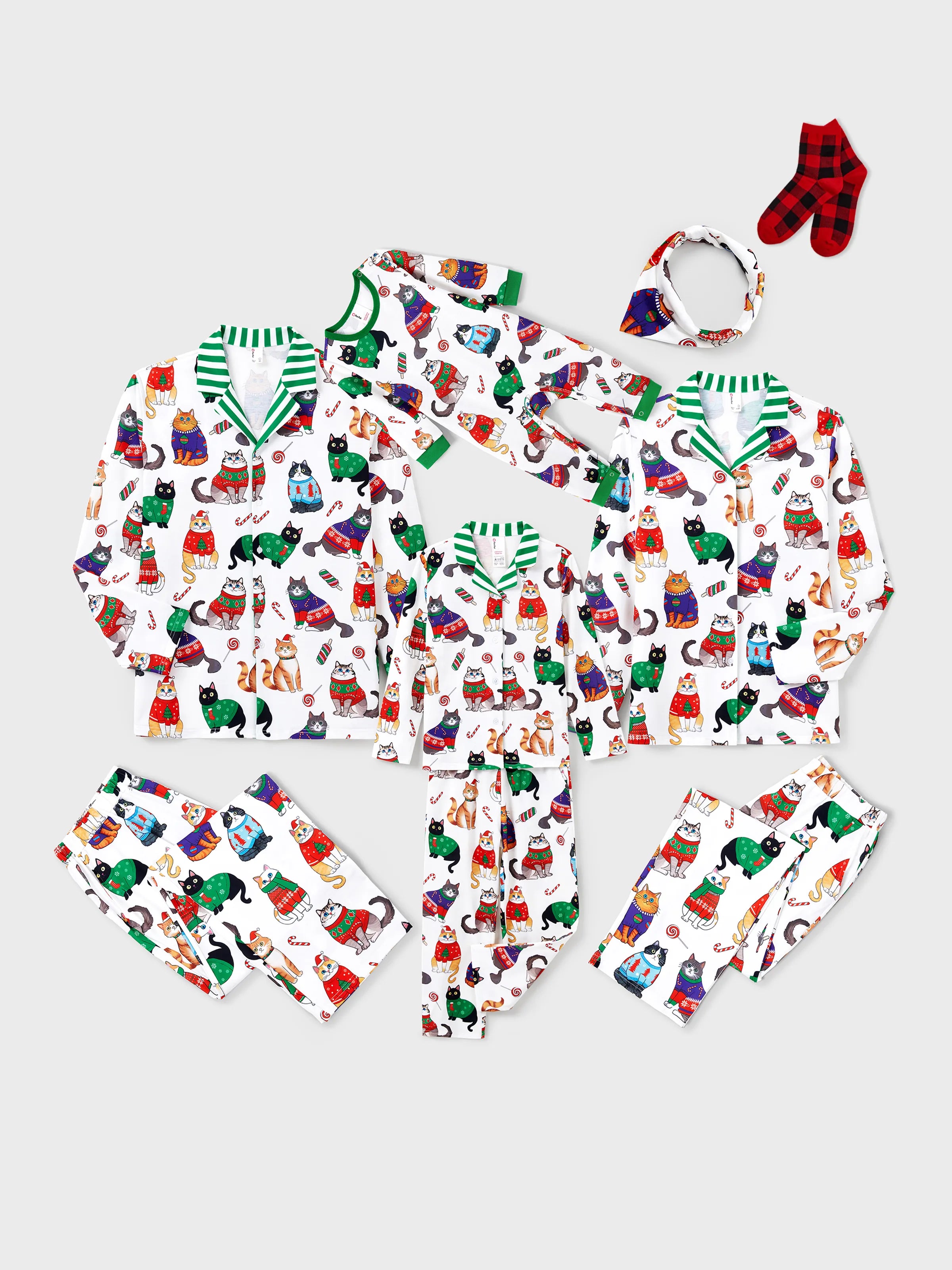 MeowJams | Weihnachts Familien Pyjama Set Katzenprint mit Passenden Socken Multicolor