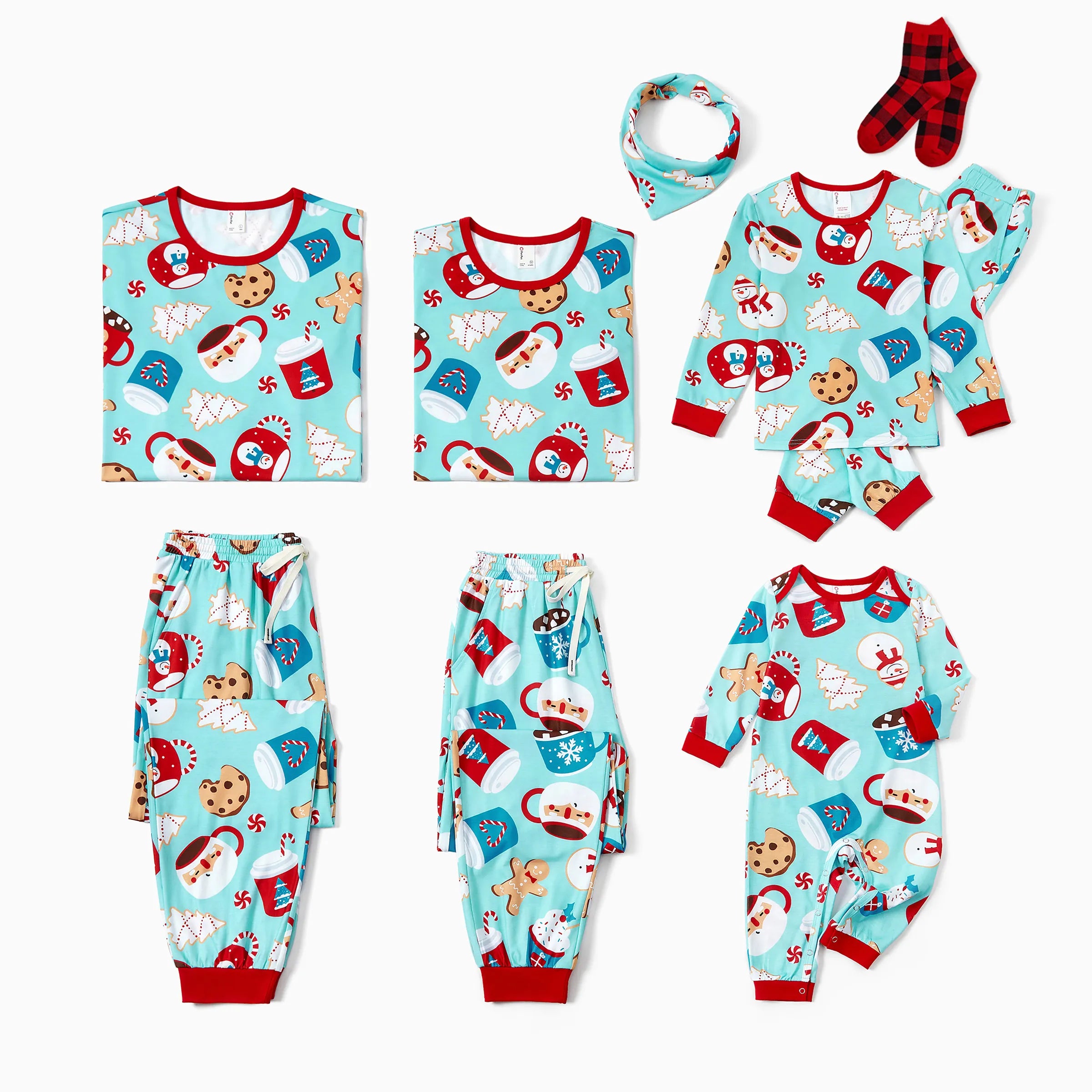 BlueGinger | Weihnachts Familien Pyjama Set Lebkuchenmuster Blau Rot mit Hellblauen Socken