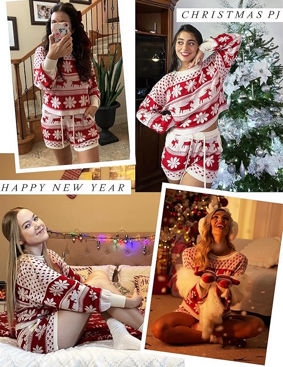 WinterWeef Weihnachts-Pyjama-Set – Strick-Lounge-Outfit mit Schneeflockenmuster