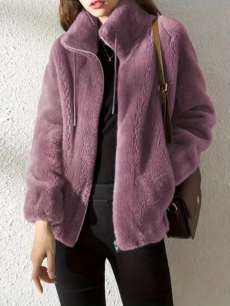 CozyCharm Damen Teddyjacke – Warme Fleecejacke mit Reißverschluss und Kordelzug