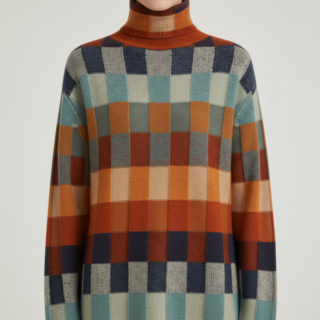 CashLoom Kaschmirpullover – Patchwork Damenpullover mit Rollkragen und nachhaltigem Design