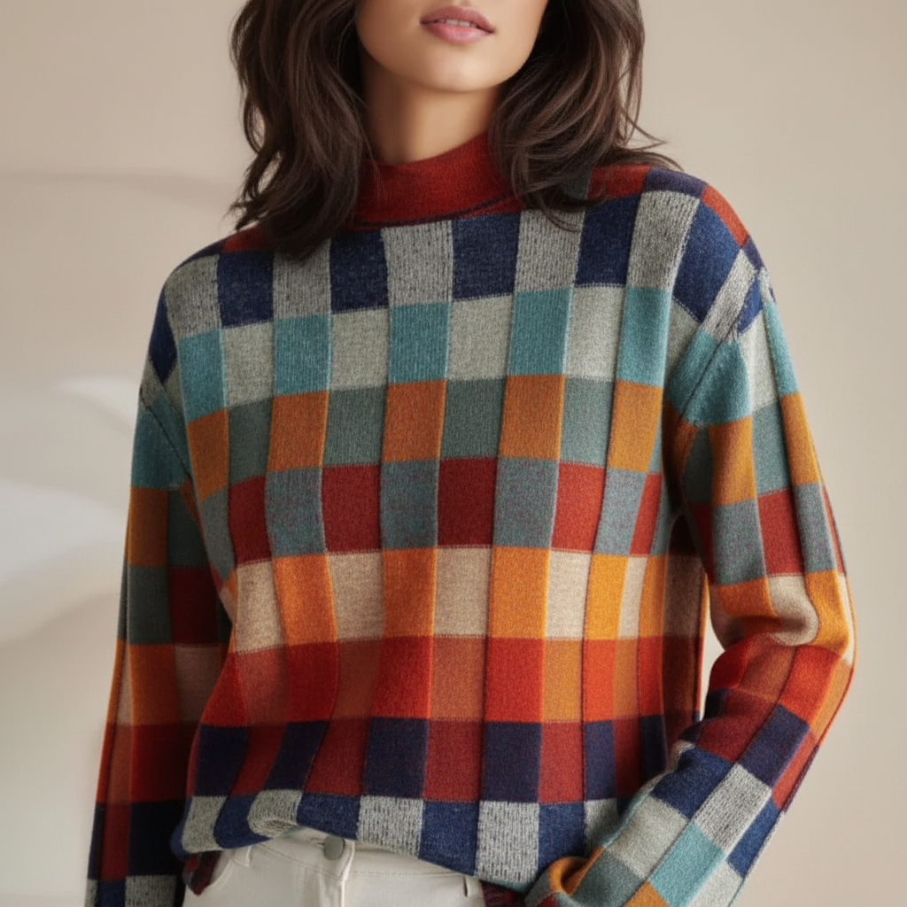 CashLoom Kaschmirpullover – Patchwork Damenpullover mit Rollkragen und nachhaltigem Design