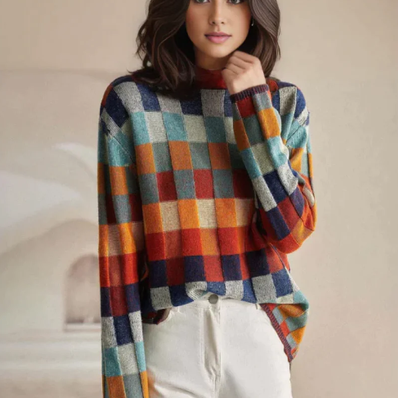CashLoom Kaschmirpullover – Patchwork Damenpullover mit Rollkragen und nachhaltigem Design