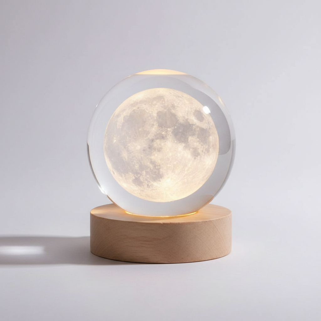 AstroGlobe 3D Lampe – Kugelförmige Holz-Tischlampe mit Warm-LED-Licht und Planeten-Design
