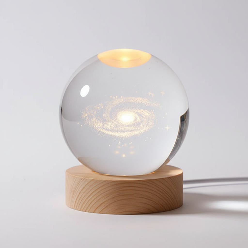 AstroGlobe 3D Lampe – Kugelförmige Holz-Tischlampe mit Warm-LED-Licht und Planeten-Design