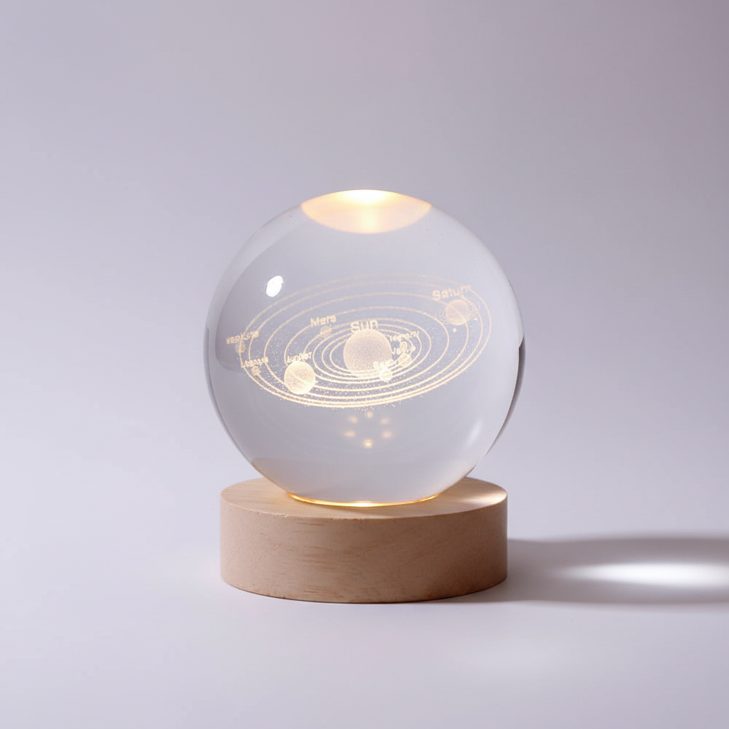 AstroGlobe 3D Lampe – Kugelförmige Holz-Tischlampe mit Warm-LED-Licht und Planeten-Design