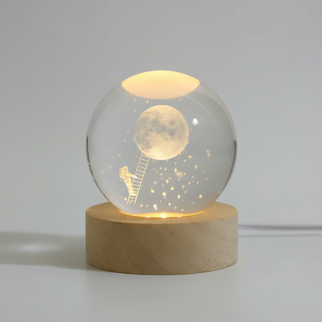 AstroGlobe 3D Lampe – Kugelförmige Holz-Tischlampe mit Warm-LED-Licht und Planeten-Design