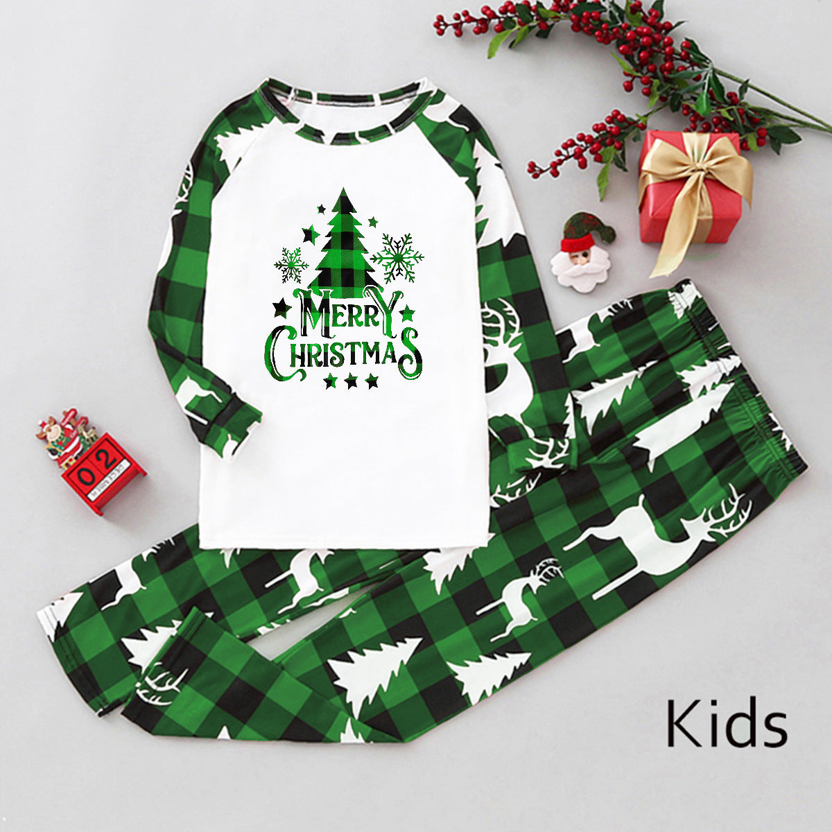 Grünes Karomuster Weihnachtsbaum-Design Familien-Pyjama-Sets (mit Hundekleidung für Haustiere)