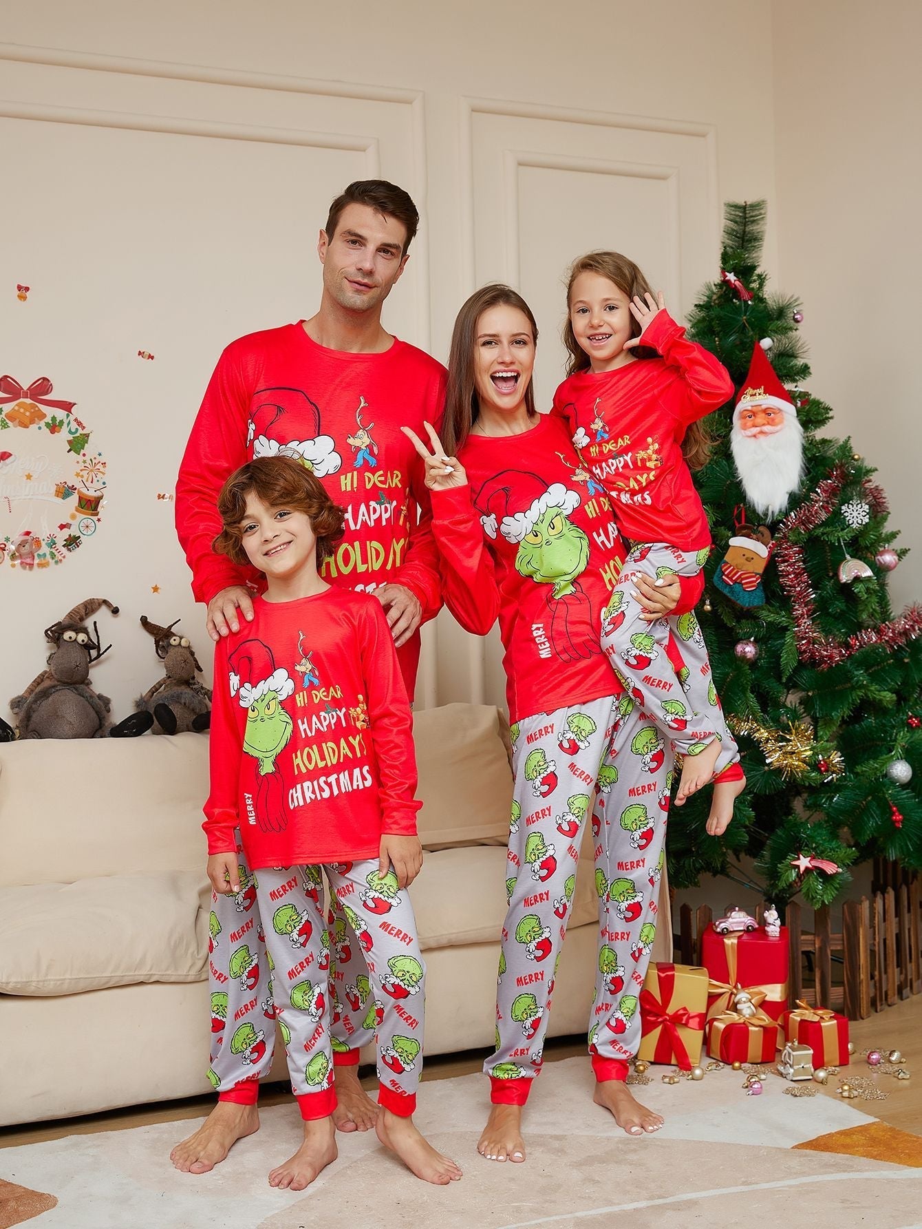 Klassische Grinch passende Familien-Weihnachtspyjamas | Pyjamas für Erwachsene, Kinder & Hunde