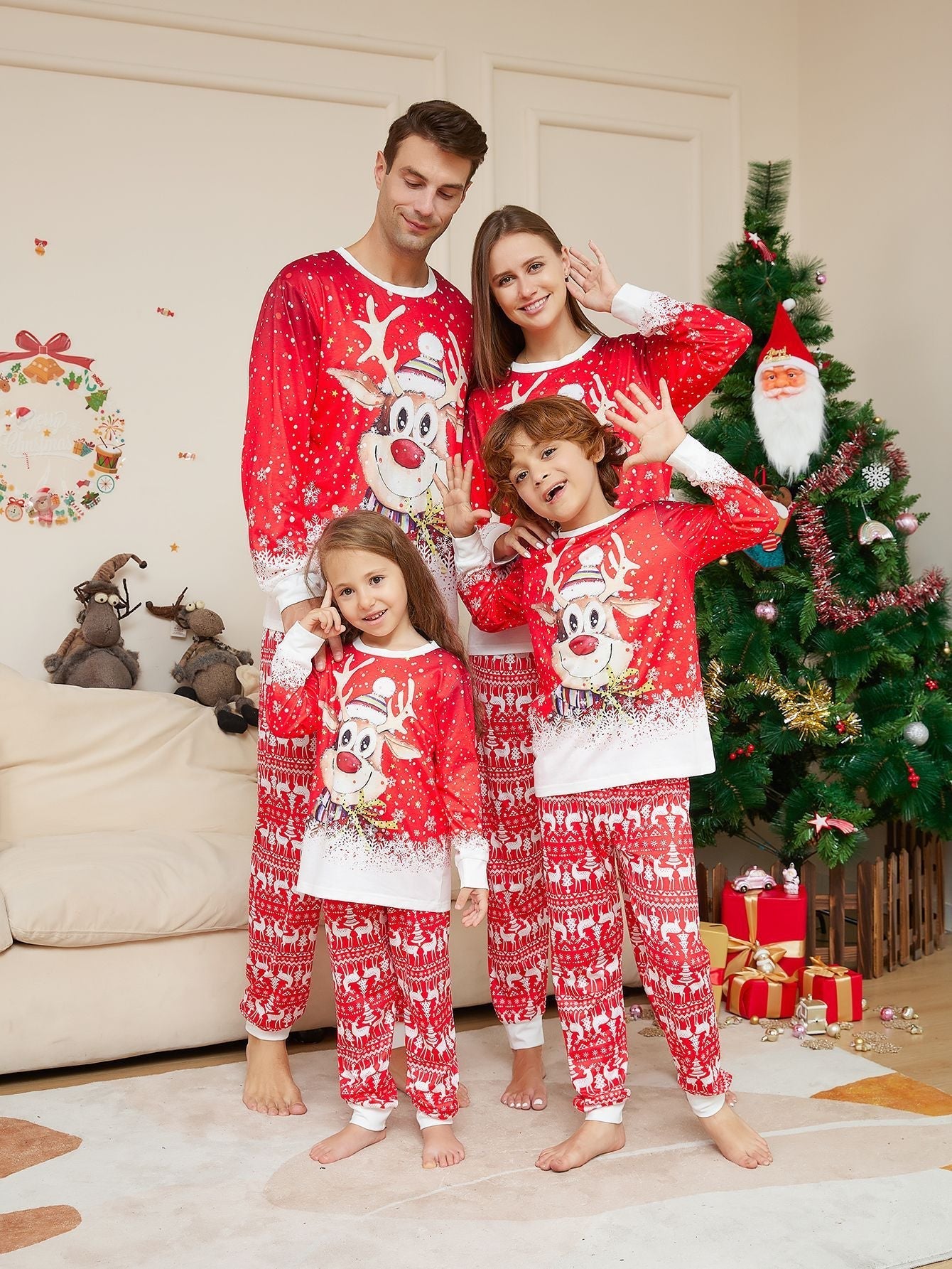Schneeeelch passende Familien-Weihnachtspyjamas (Hundepyjama inklusive)