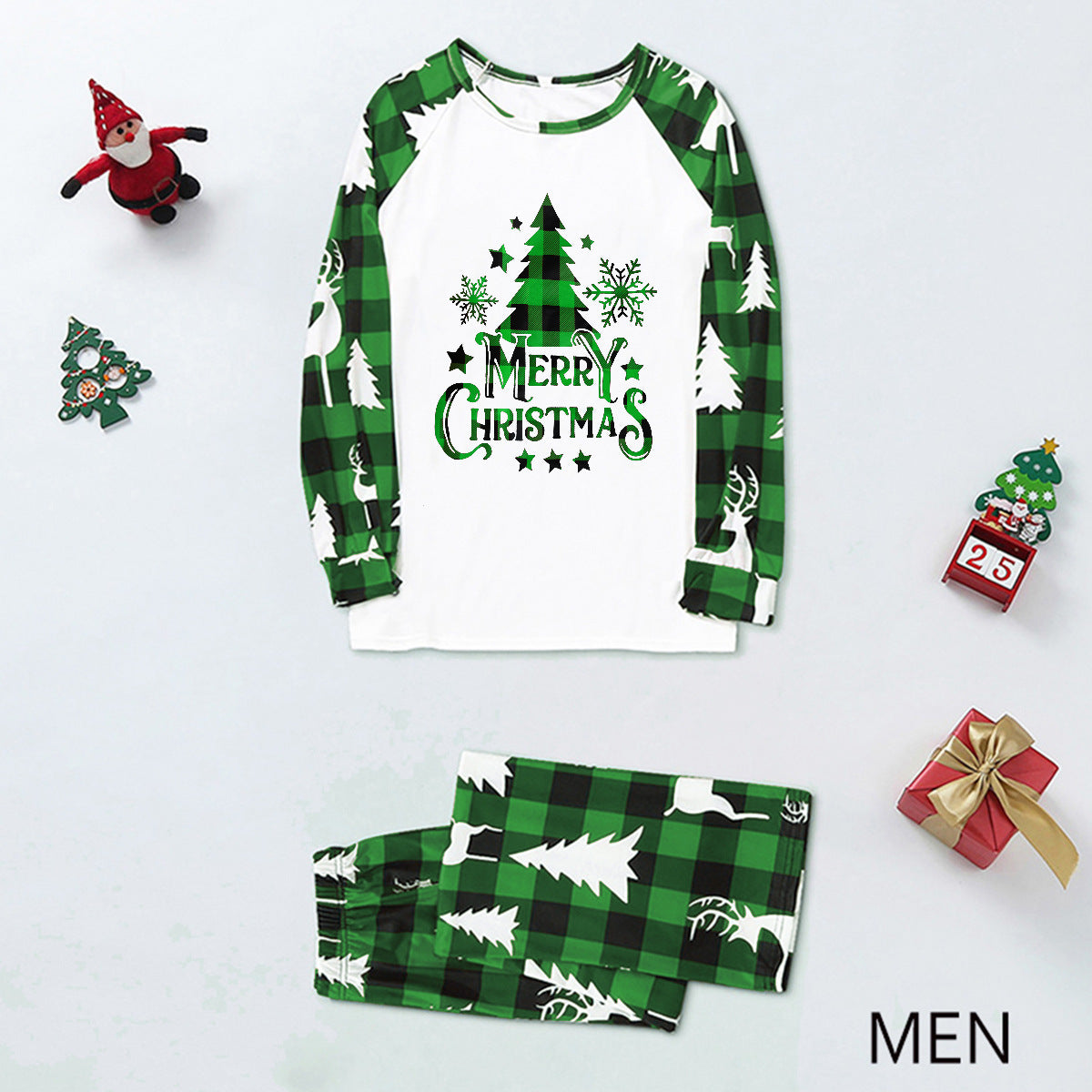 Grünes Karomuster Weihnachtsbaum-Design Familien-Pyjama-Sets (mit Hundekleidung für Haustiere)
