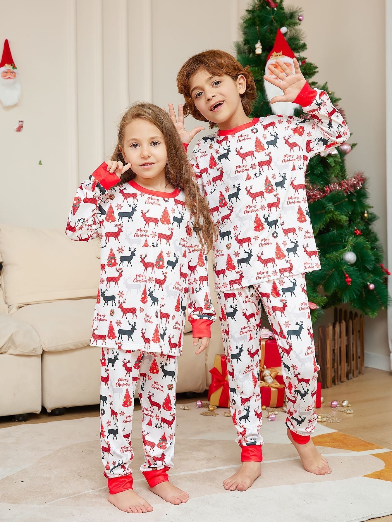 Weihnachtsrentier-Druck passende Familien-Weihnachtspyjamas | Pyjamas für Erwachsene, Kinder & Hunde