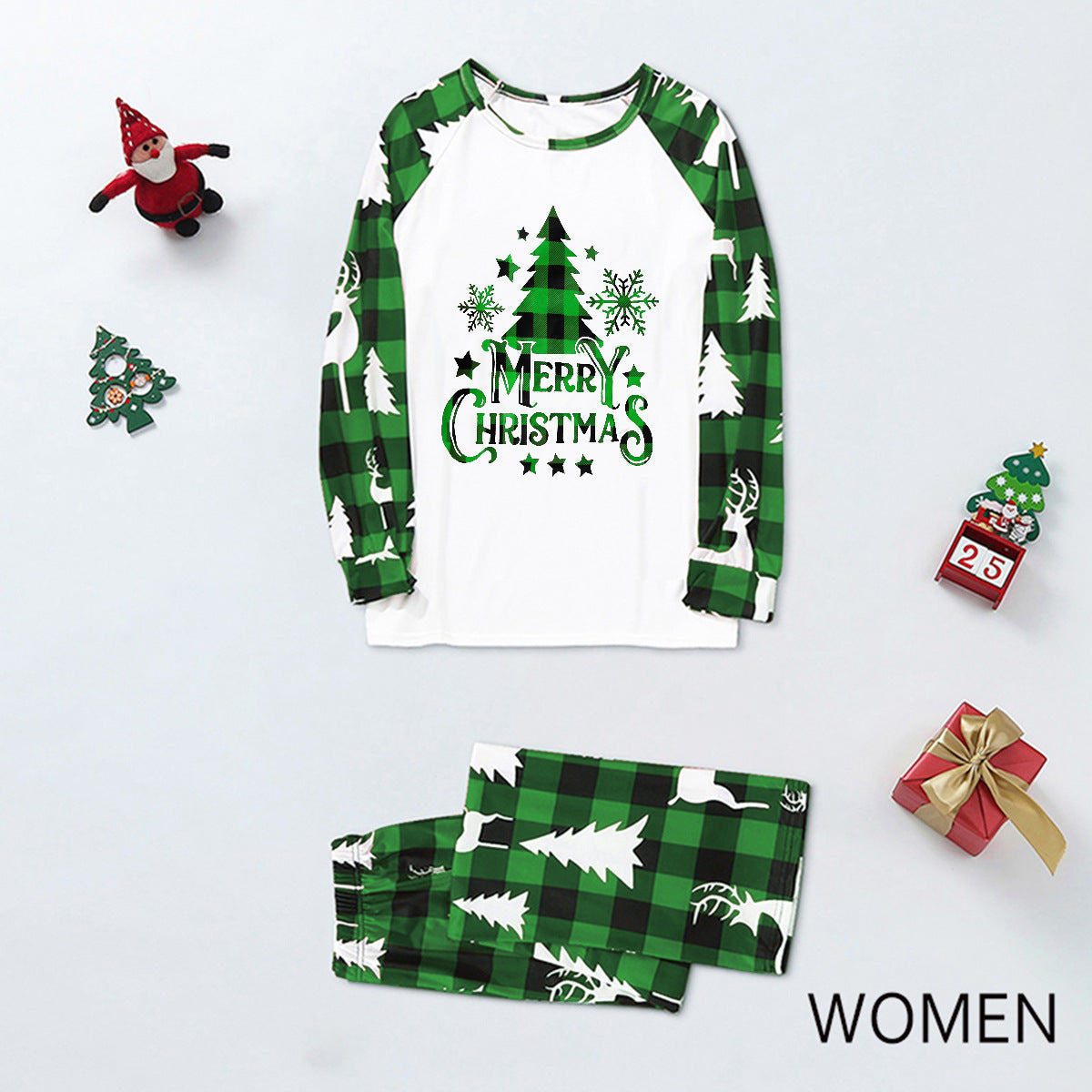 Grünes Karomuster Weihnachtsbaum-Design Familien-Pyjama-Sets (mit Hundekleidung für Haustiere)