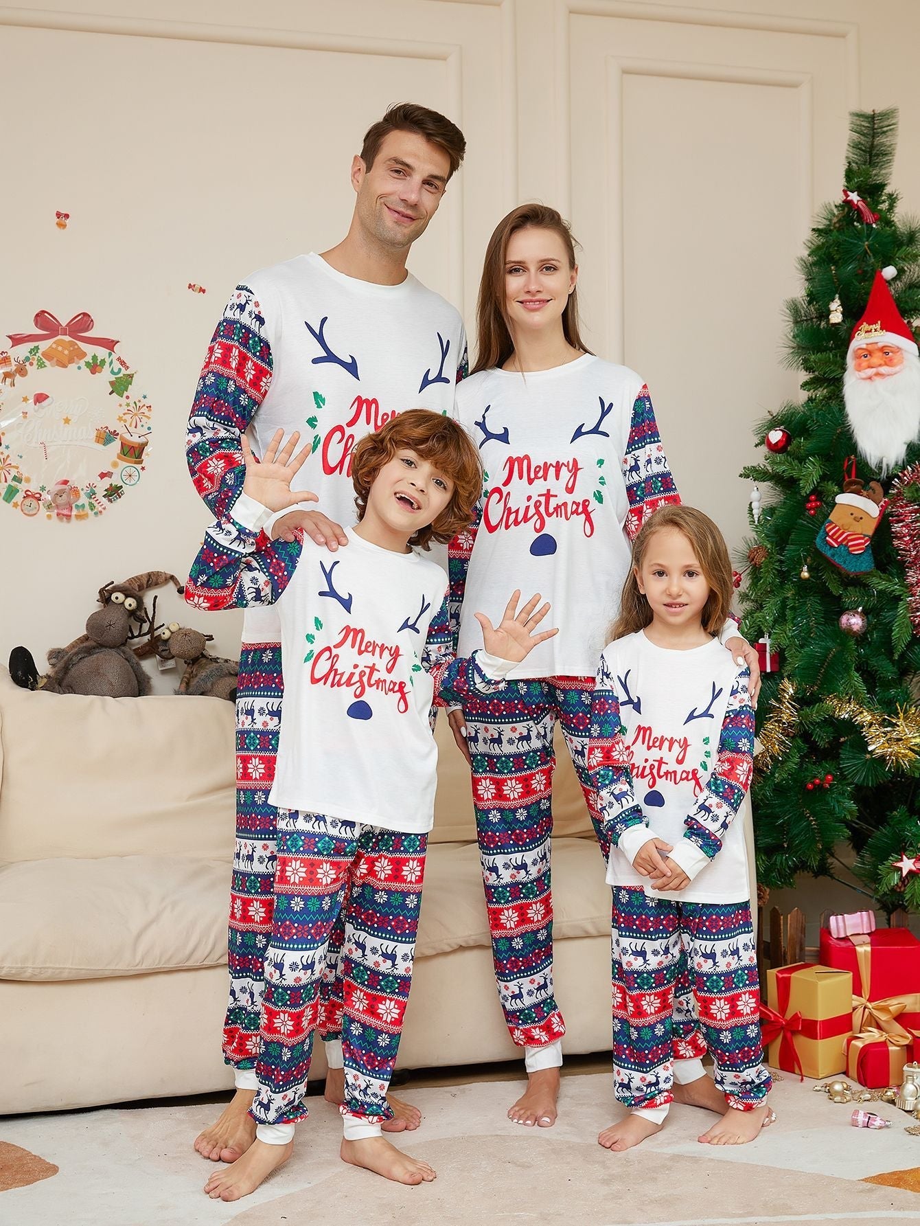 Weihnachtliche Karierte Reh-Familien-Pyjamas | Pyjamas für Erwachsene, Kinder & Hunde