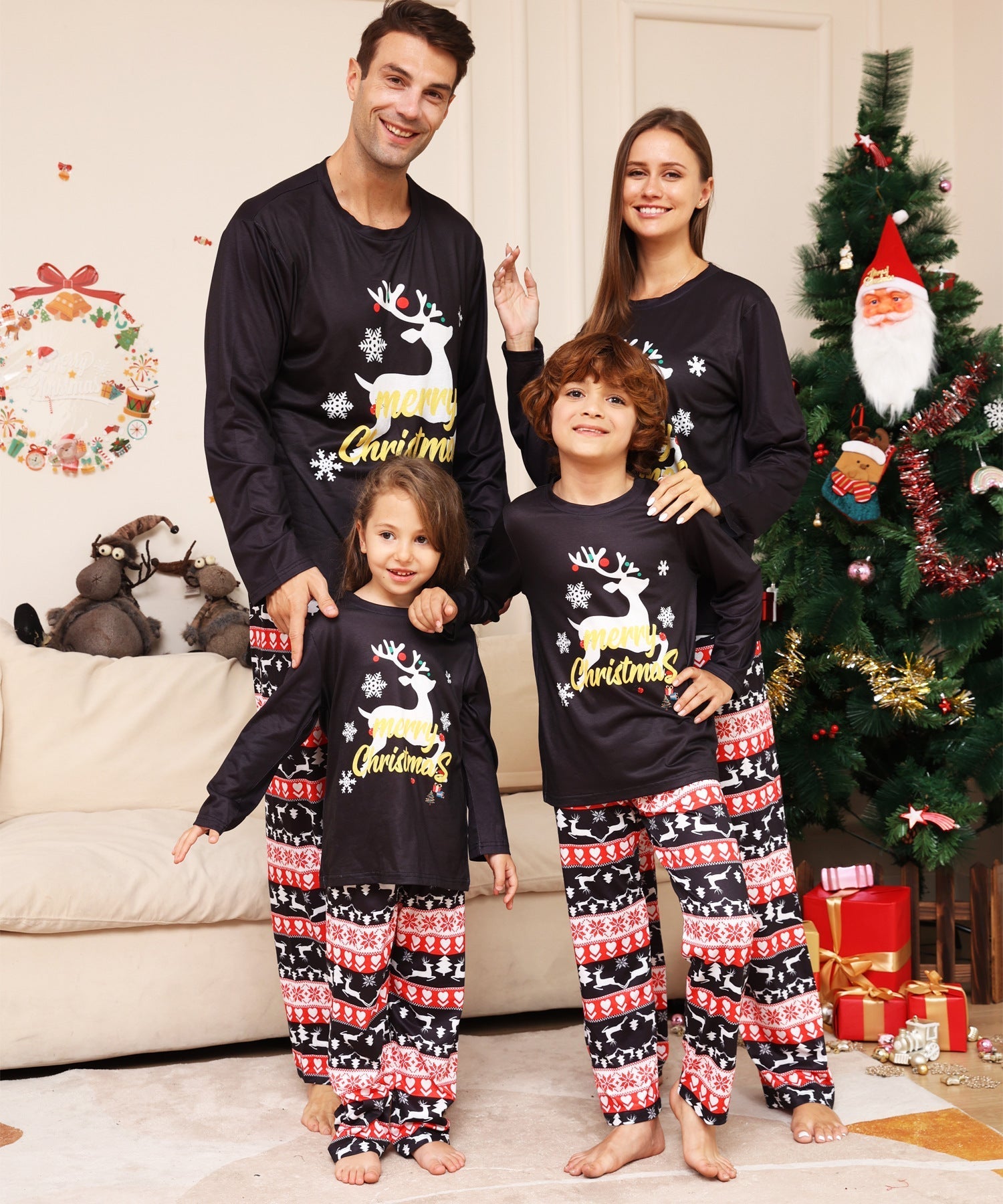Schwarze Rentier passende Familien-Weihnachtspyjamas - Hundepyjamas inklusive