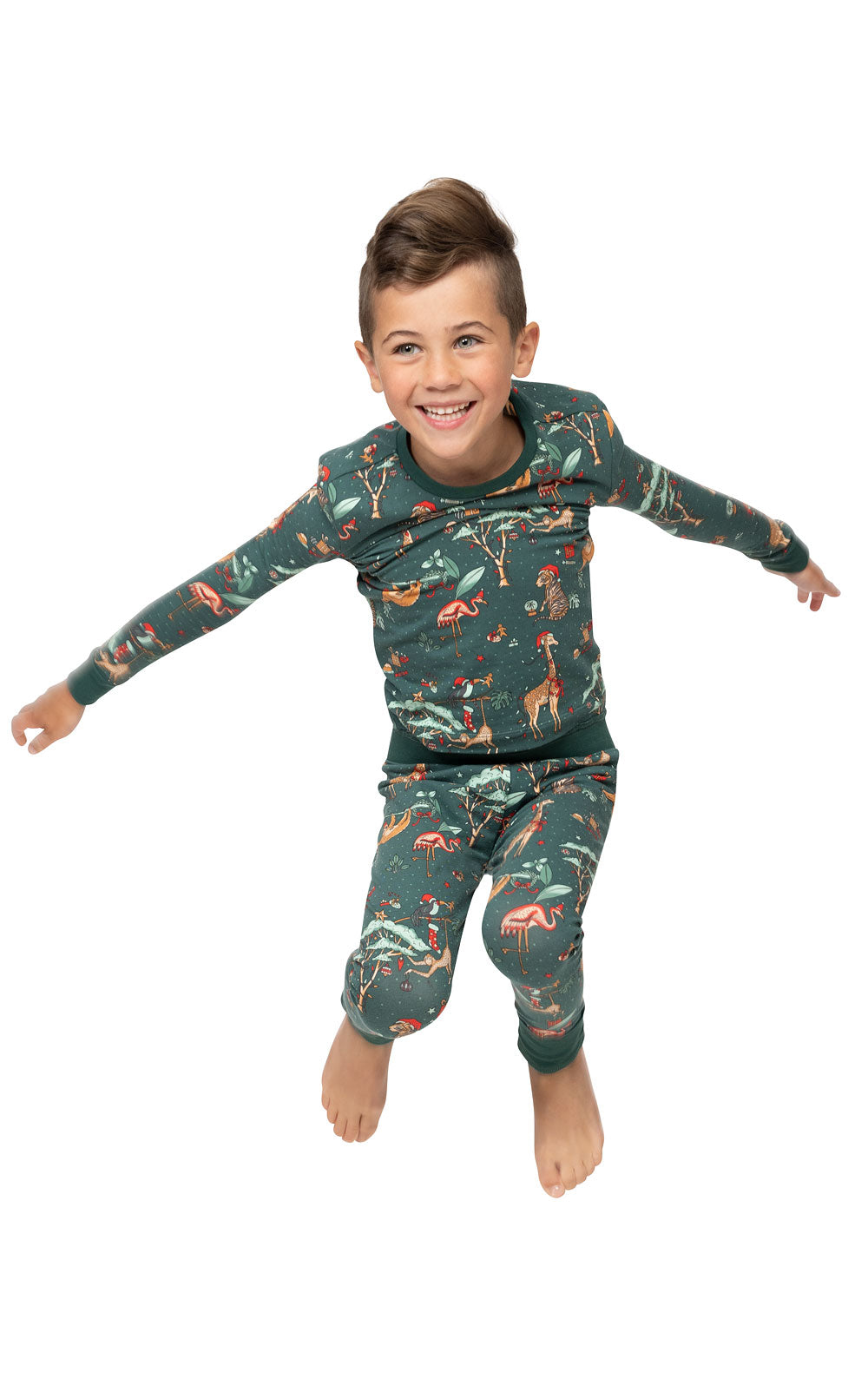 Grüne süße Zoo passende Familien-Weihnachtspyjamas | Erwachsenen-, Kinder- und Hundepyjamas