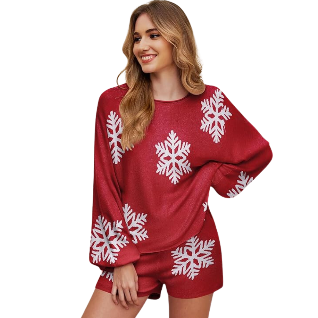 WinterWeef Weihnachts-Pyjama-Set – Strick-Lounge-Outfit mit Schneeflockenmuster