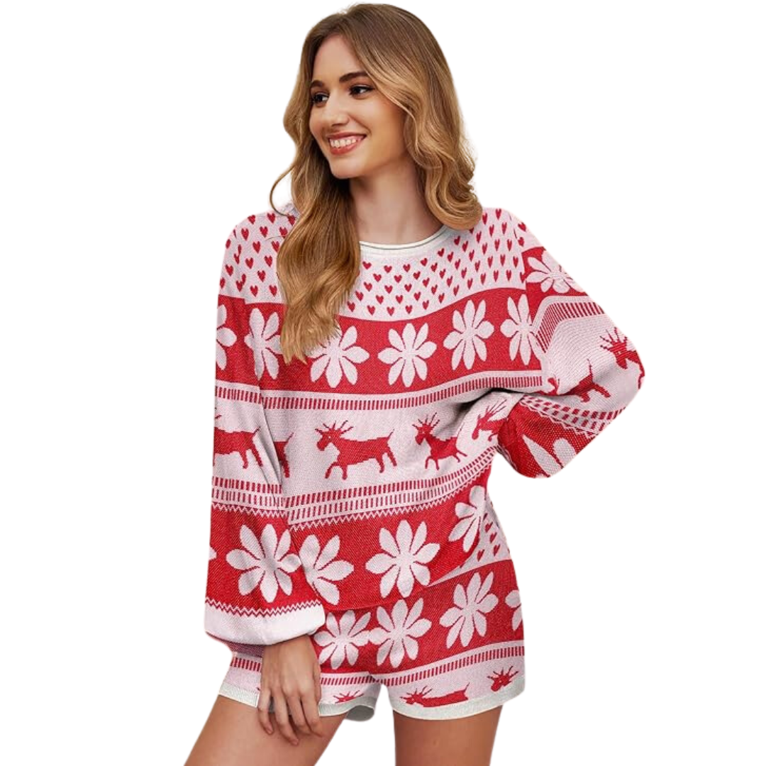 WinterWeef Weihnachts-Pyjama-Set – Strick-Lounge-Outfit mit Schneeflockenmuster