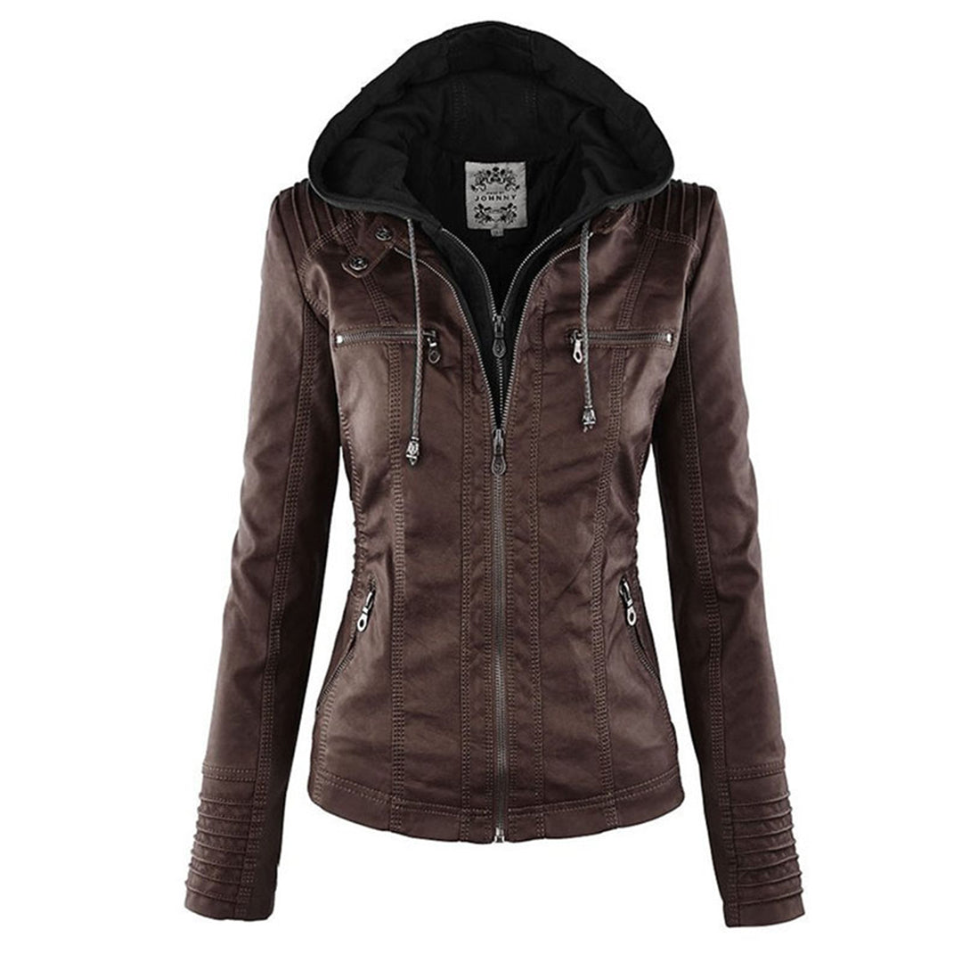 Trendy Damen Lederjacke Alesund – Schwarze PU-Jacke mit Kapuze und Reißverschluss
