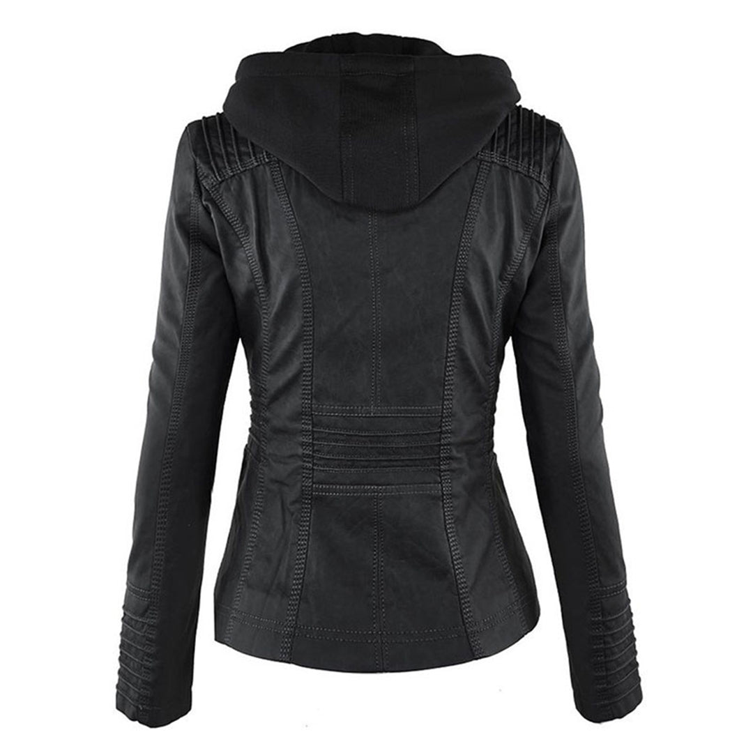 Trendy Damen Lederjacke Alesund – Schwarze PU-Jacke mit Kapuze und Reißverschluss