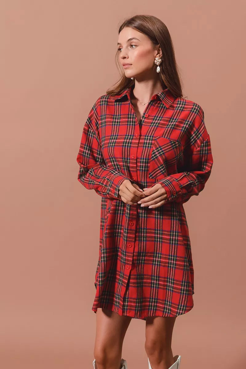 Rotes Weihnachts-Karomuster Button-Up Übergroßes Hemdblusenkleid