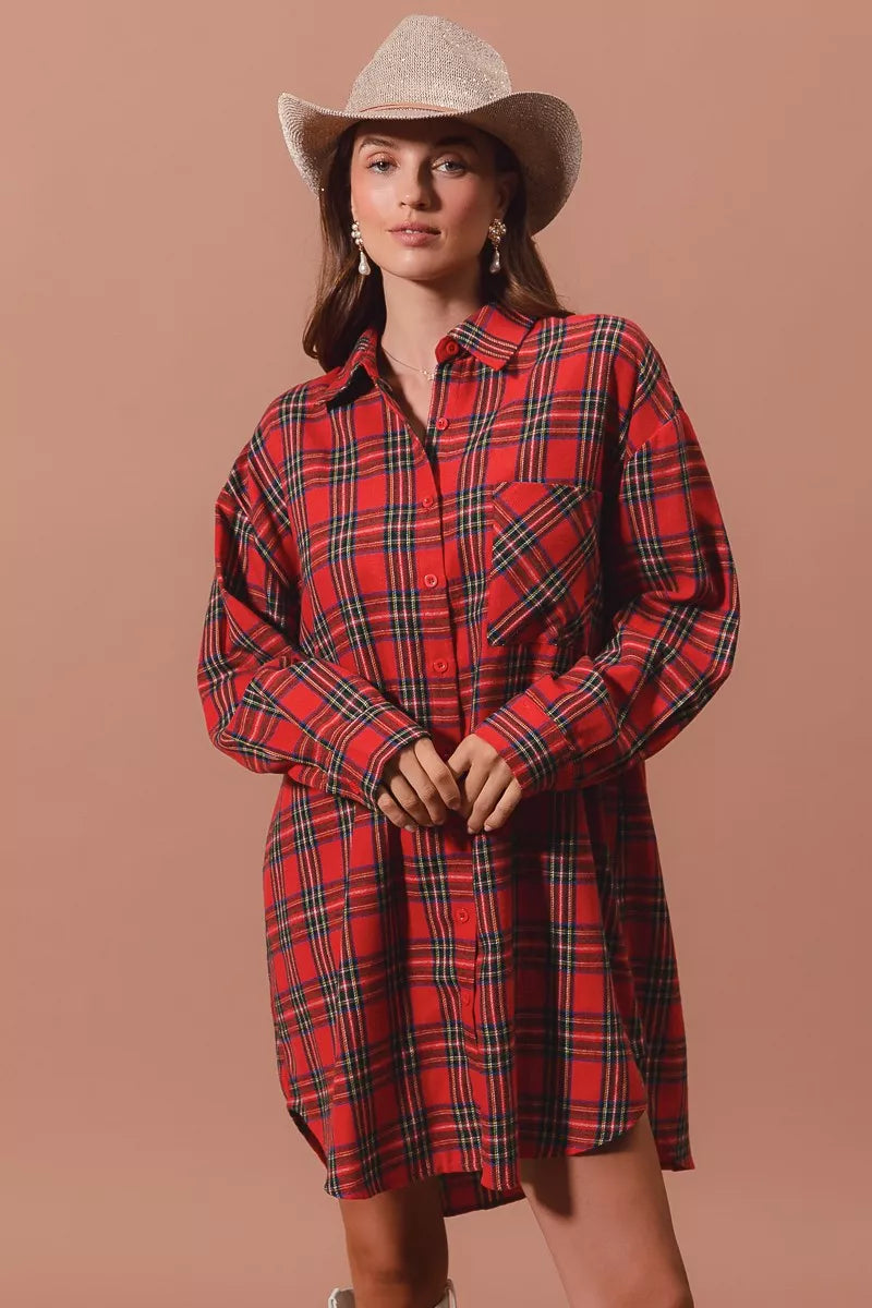 Rotes Weihnachts-Karomuster Button-Up Übergroßes Hemdblusenkleid