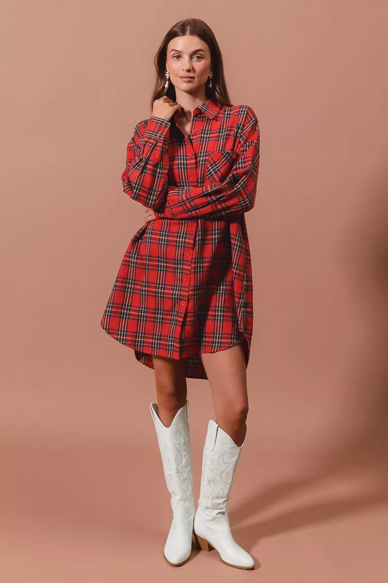 Rotes Weihnachts-Karomuster Button-Up Übergroßes Hemdblusenkleid