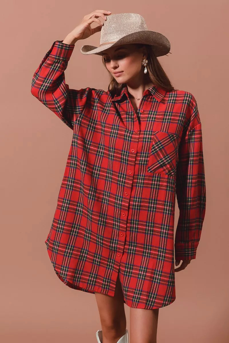 Rotes Weihnachts-Karomuster Button-Up Übergroßes Hemdblusenkleid