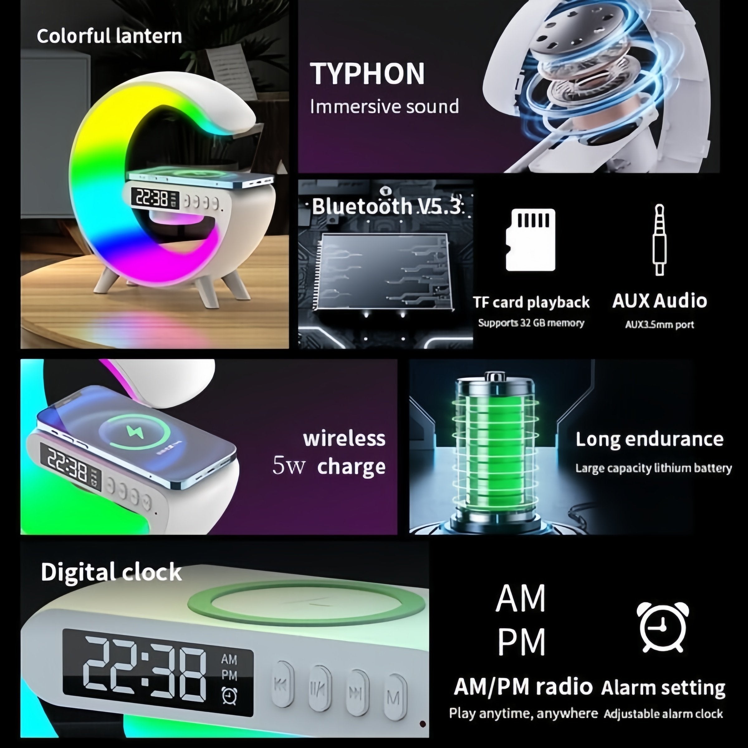 LuxAura Luxe Bluetooth Lautsprecher | Kabelloser Lautsprecher mit stimmungsvoller Beleuchtung und Uhrfunktion
