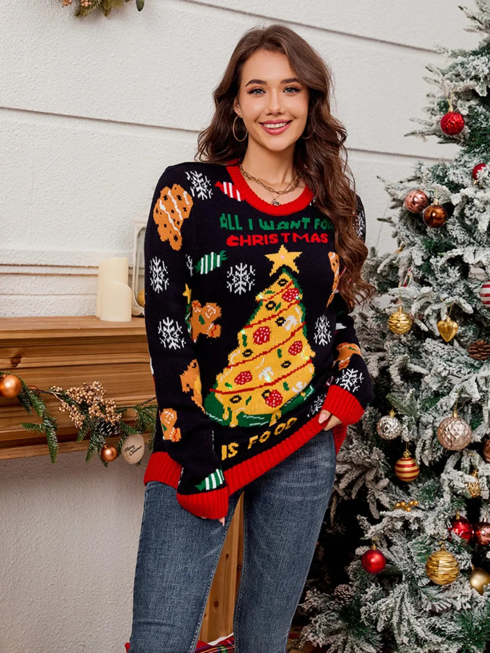 Weihnachtsessen Grafik Pullover – Pizza Baum & Feiertags Leckereien Strickpullover