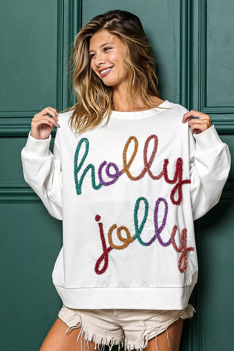 Weißes “Holly Jolly” Pailletten-Beschriftung Weihnachts-Sweatshirt