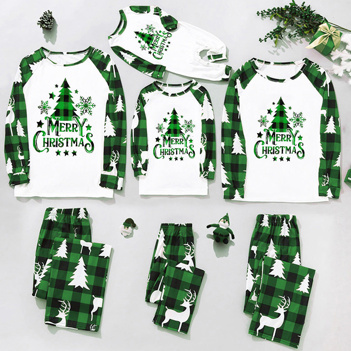 Grünes Karomuster Weihnachtsbaum-Design Familien-Pyjama-Sets (mit Hundekleidung für Haustiere)