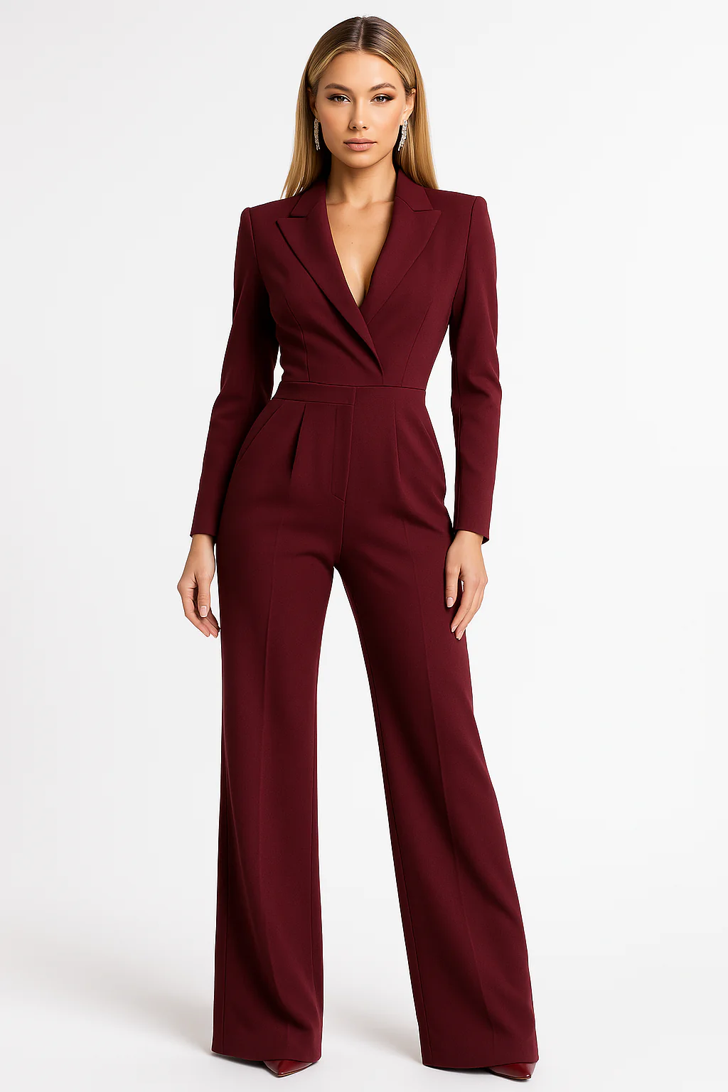 Damen Jumpsuit mit V-Ausschnitt und Weiten Beinen – Elegante Taillierte Passform Modell Elara