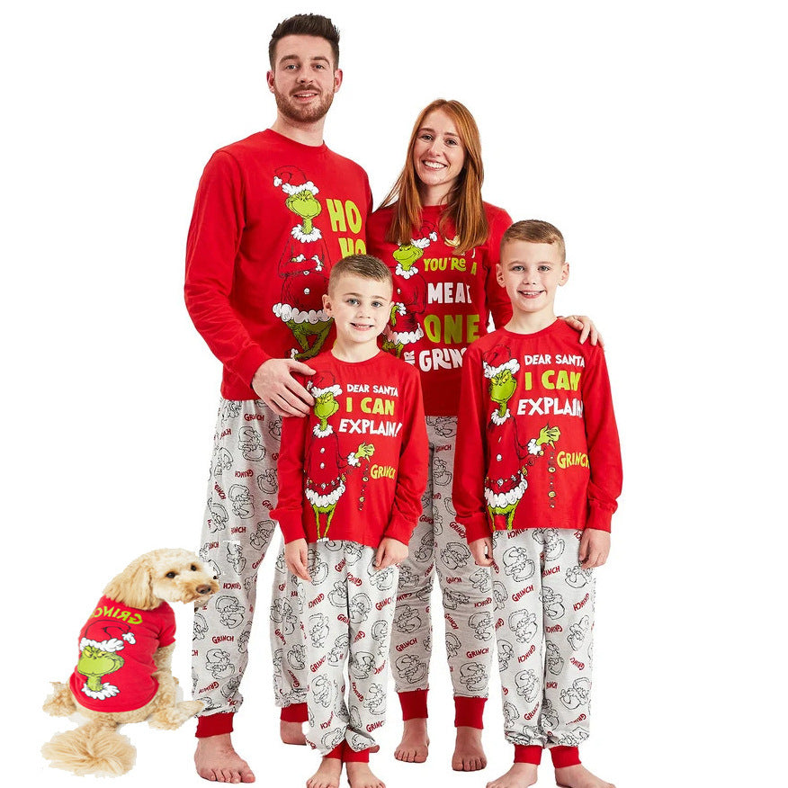 Klassisches Grinch-Druck Passende Familien-Weihnachtspyjamas - Hundepyjamas Inklusive