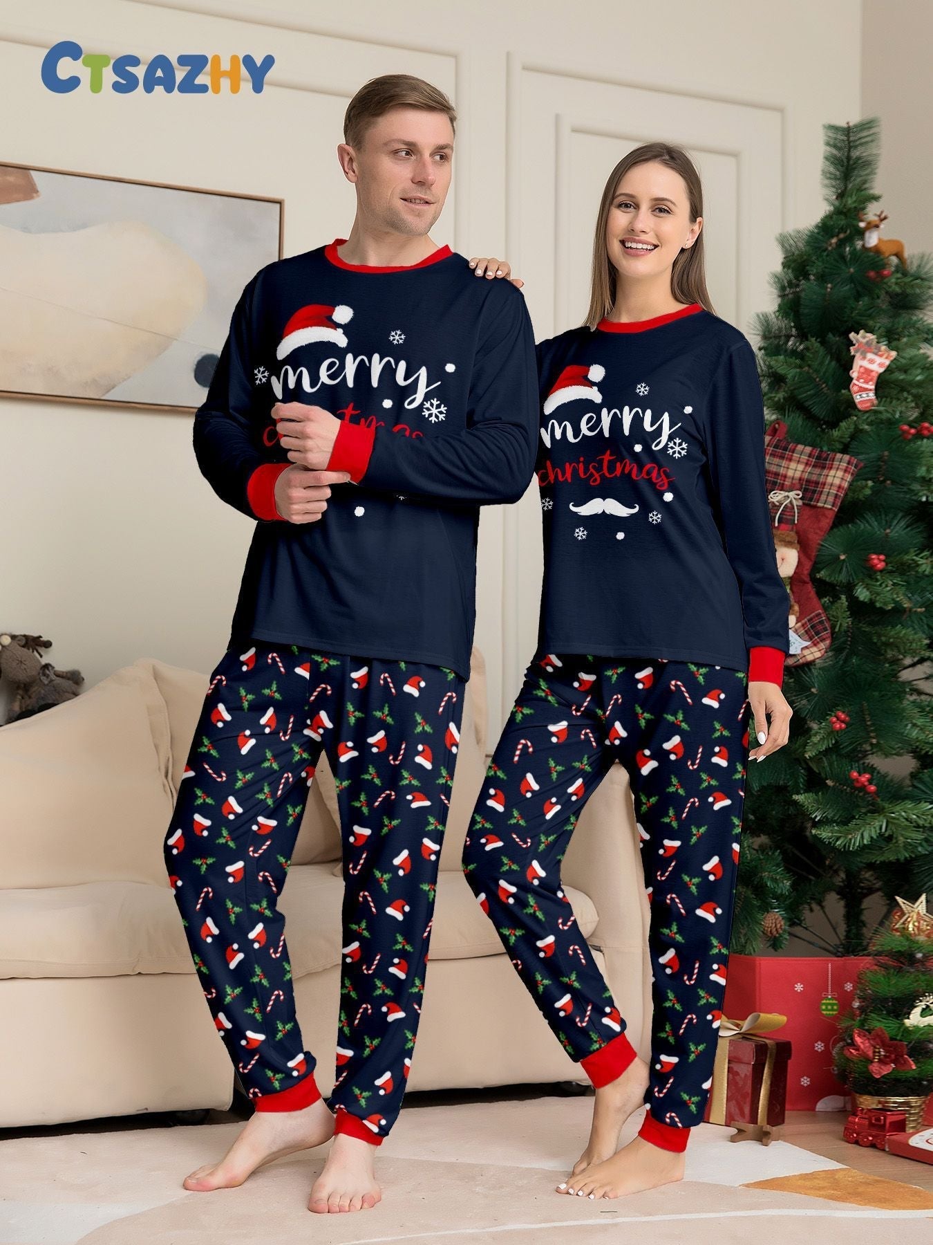Blaue Feiertags-Matching-Familien-Weihnachtspyjamas | Pyjamas für Erwachsene, Kinder und Hunde