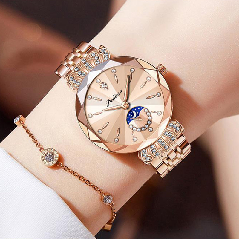 LuxeLuna Diamanten Mondphasen-Armbanduhr für Damen | Elegantes Design mit funkelnden Diamantenakzenten