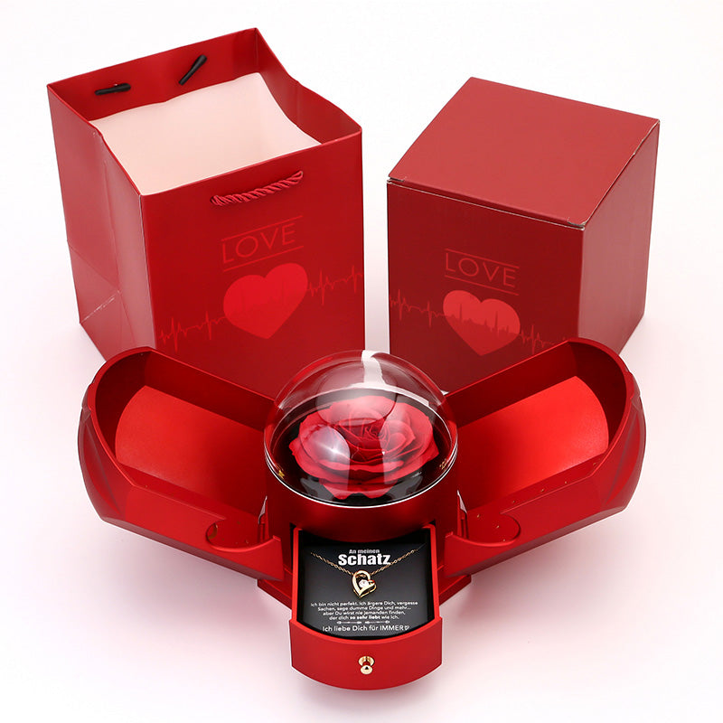 EternalBloom | Romantische Rosenbox mit 14k Weißgold-Herzanhänger und Liebesbrief