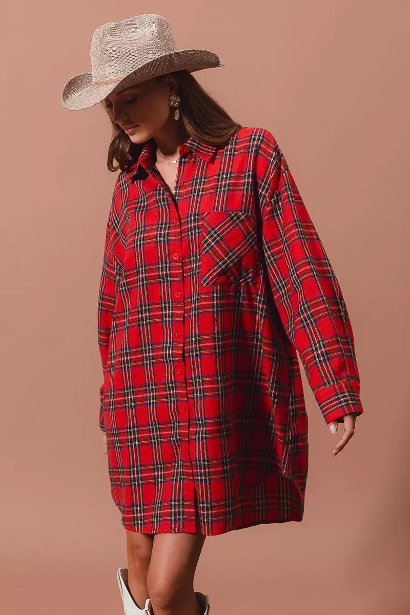 Rotes Weihnachts-Karomuster Button-Up Übergroßes Hemdblusenkleid