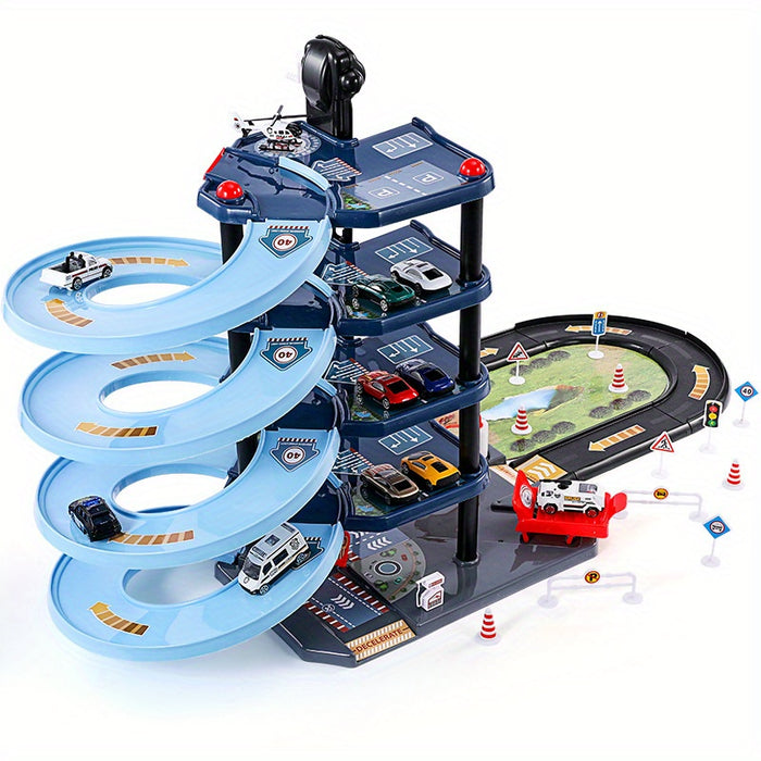 FirePark Garage Spielset - Mehrere Etagen mit Feuerwehrwagen und Verkehrsschildern für abenteuerlustige Kinder