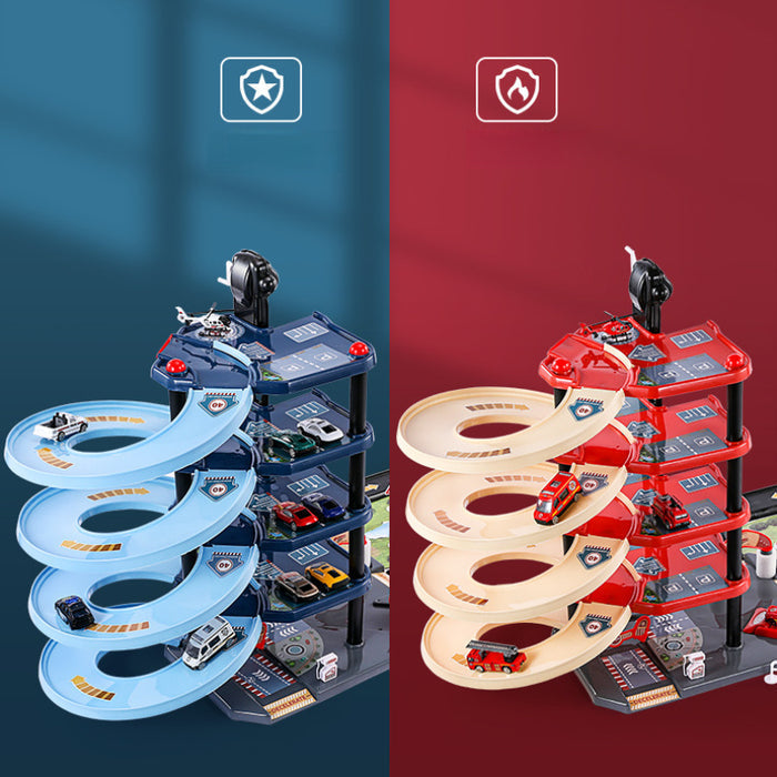 FirePark Garage Spielset - Mehrere Etagen mit Feuerwehrwagen und Verkehrsschildern für abenteuerlustige Kinder